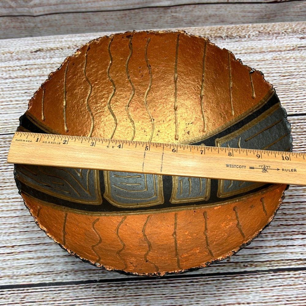 Signed 1998 Handmade Paper Mache Decorative Bowl Copper Black Gold Abstract Art - Picture 5 of 6